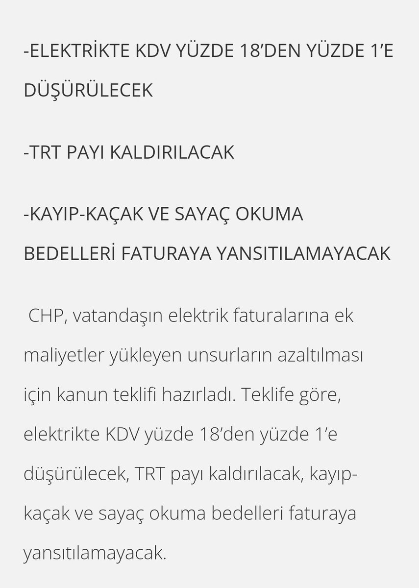 Yıllardır elektrik faturalarındaki yükün azaltılması önerilerimizi reddedenler TRT payının kaldırılacağını açıklamış!

Bu daha başlangıç!

CHP iktidarında KDV yüzde 18'den yüzde 1'e düşecek!

Kayıp kaçak ve sayaç okuma bedelleri faturaya yansımayacak!

#TeşekkürlerKılıçdaroğlu