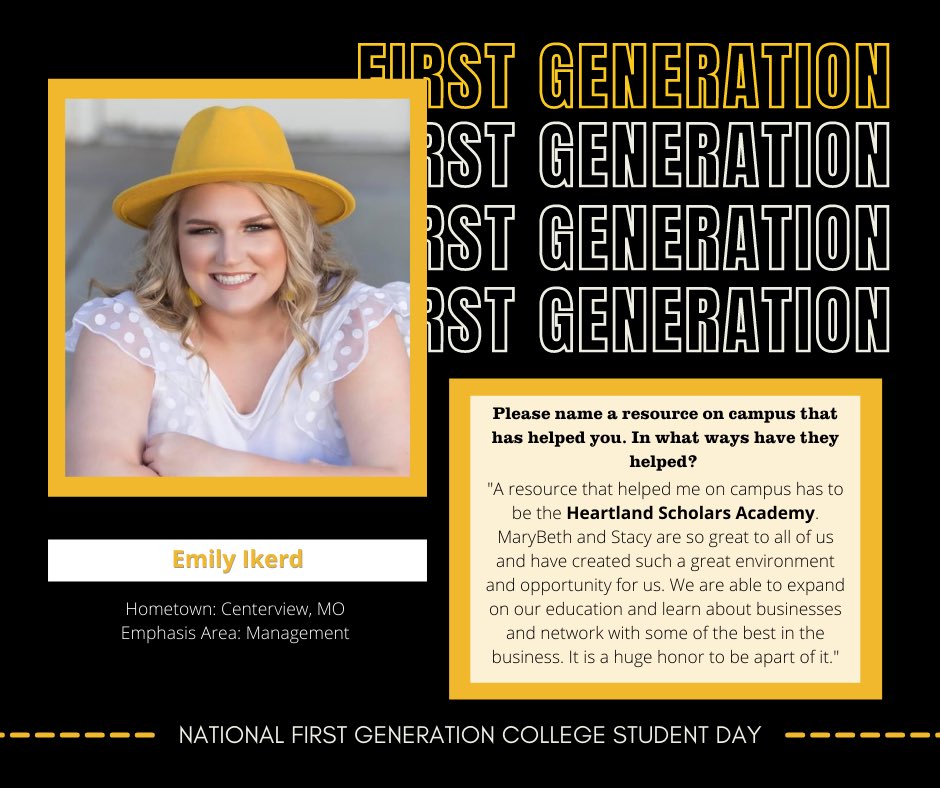 MizzouBusiness's tweet image. Emily, we are thankful to have you as an active member of the Heartland Scholars Program and we are grateful to help provide support to you! Keep working hard and putting in the time. You deserve all the success coming to you. We are proud of you! 🐯💛

#MIZ #FirstGenMizzou