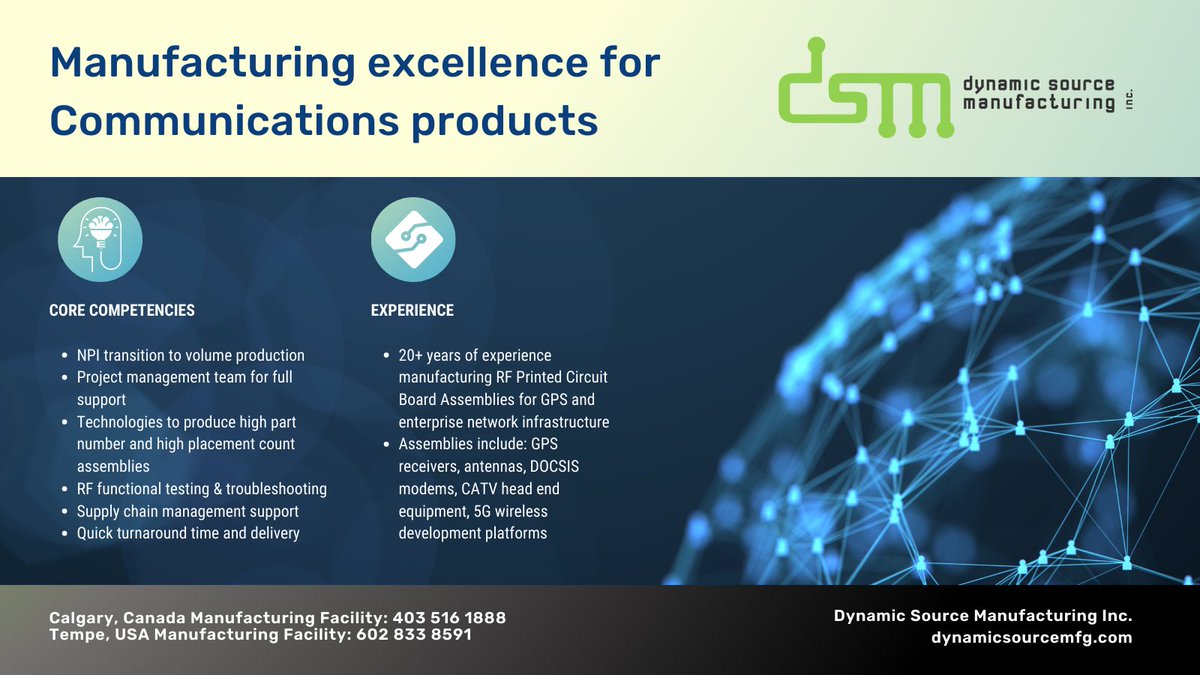 dynamicsource_'s tweet photo. At DSM, we #manufacture a wide range of #communications products in the radio frequency (RF) spectrum, from #navigation systems to #5G development platforms and radio telescopes (1.0 GHz+ to 30 GHz).

#GPS #RadioFrequency #EMSSolutions #ElectronicsManufacturing https://t.co/HMfs85NI5V