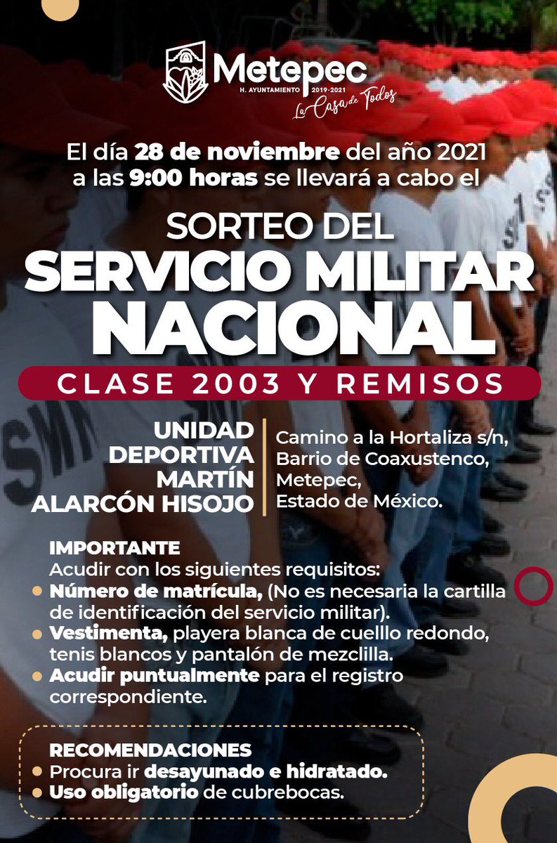MetepecGobierno's tweet photo. ¡ATENCIÓN!

El sorteo del servicio militar nacional se llevará a cabo el 28 de Noviembre en la unidad deportiva Martín Alarcón Hisojo. Es importante que acudas a tiempo y con los requisitos que aparecen en la imagen. 👇
#MetepecLaCasaDeTodos https://t.co/IzgCwNZDvP