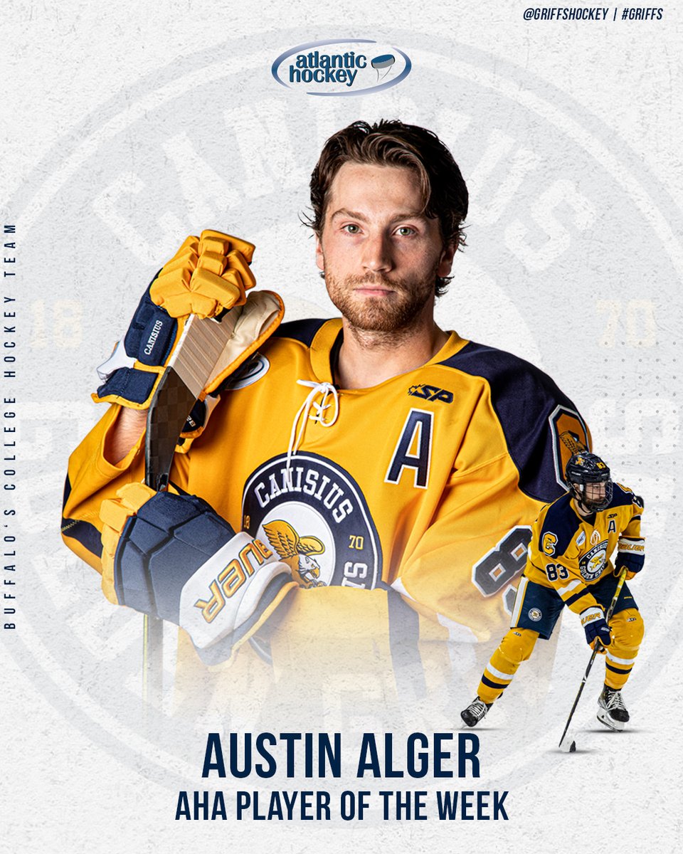 GriffsHockey's tweet photo. Congratulations to graduate student Austin Alger (@austinalger18) and junior Jacob Barczewski (@barczewski_jake) on being named the @Atlantic_Hockey Player and Goalie of Week!

📰 - https://t.co/kFlwIIe7Ic

#Griffs https://t.co/ewtX1ZXoxh