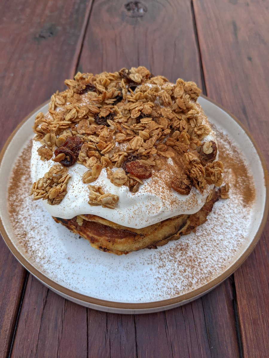 nestlemahyour's tweet photo. Anyway here's our french toast pancakes (and when I say I frenched these pancakes...😏...chile...I'm jus playin' baby) Creme fraiche whip and sunflower granola. https://t.co/nnaRLlM7a2