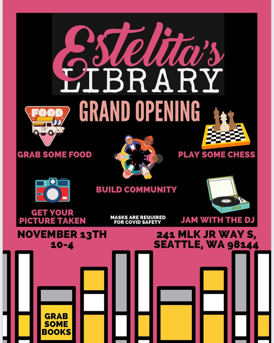 Seattle Office of Arts & Culture (@seattlearts) on Twitter photo The wait is over! <a href="/EstelitasLib/">Estelita’s Library</a>'s grand opening is November 13, 10-4pm. Check out their new Tiny Cultural Space, read a book, and enjoy food from <a href="/Cheftarik73/">Tarik Abdullah</a>. Congratulations, Estelita's! The wait is over! <a href="/EstelitasLib/">Estelita’s Library</a>'s grand opening is November 13, 10-4pm. Check out their new Tiny Cultural Space, read a book, and enjoy food from <a href="/Cheftarik73/">Tarik Abdullah</a>. Congratulations, Estelita's!