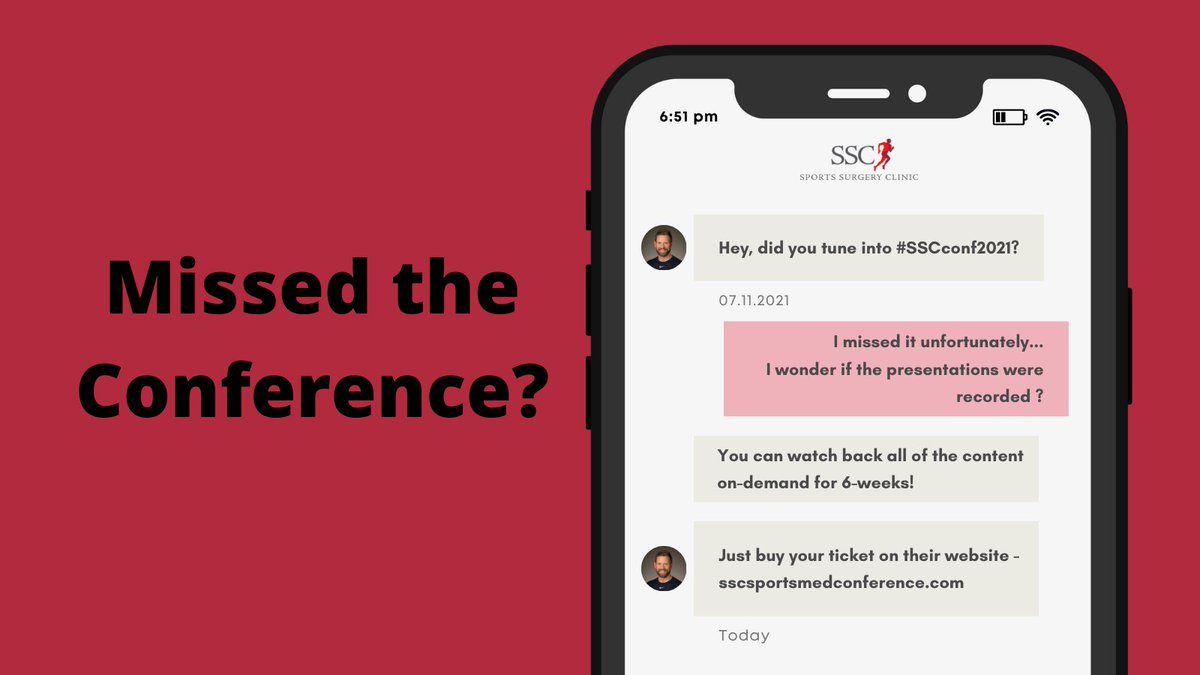 Missed #SSCconf2021 this weekend?

All of the presentations have been recorded 
and are available to watch back in your own time!

If you haven't already purchased a ticket, 
you can still access these videos if you sign up now!

🎟️📽️💻
sscsportsmedconference.com