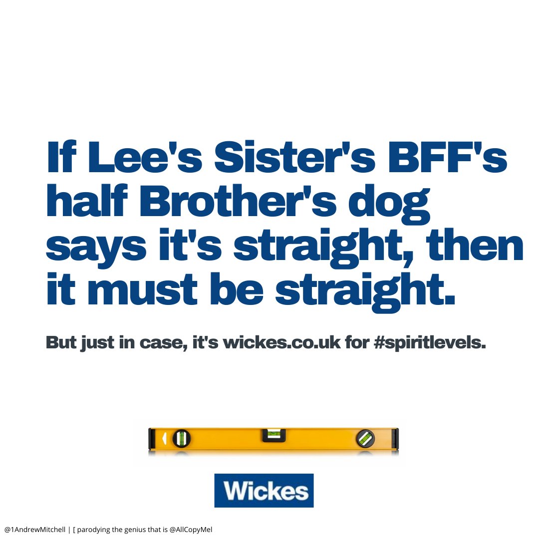 1AndrewMitchell's tweet photo. Why parody Nike, Guinness, or Mastercard, when you can parody the #OMBLE prize brief winning genius of @allcopymel .
@OneMinuteBriefs @Wickes to promote #SPIRITLEVELS https://t.co/1A48eu3YIz