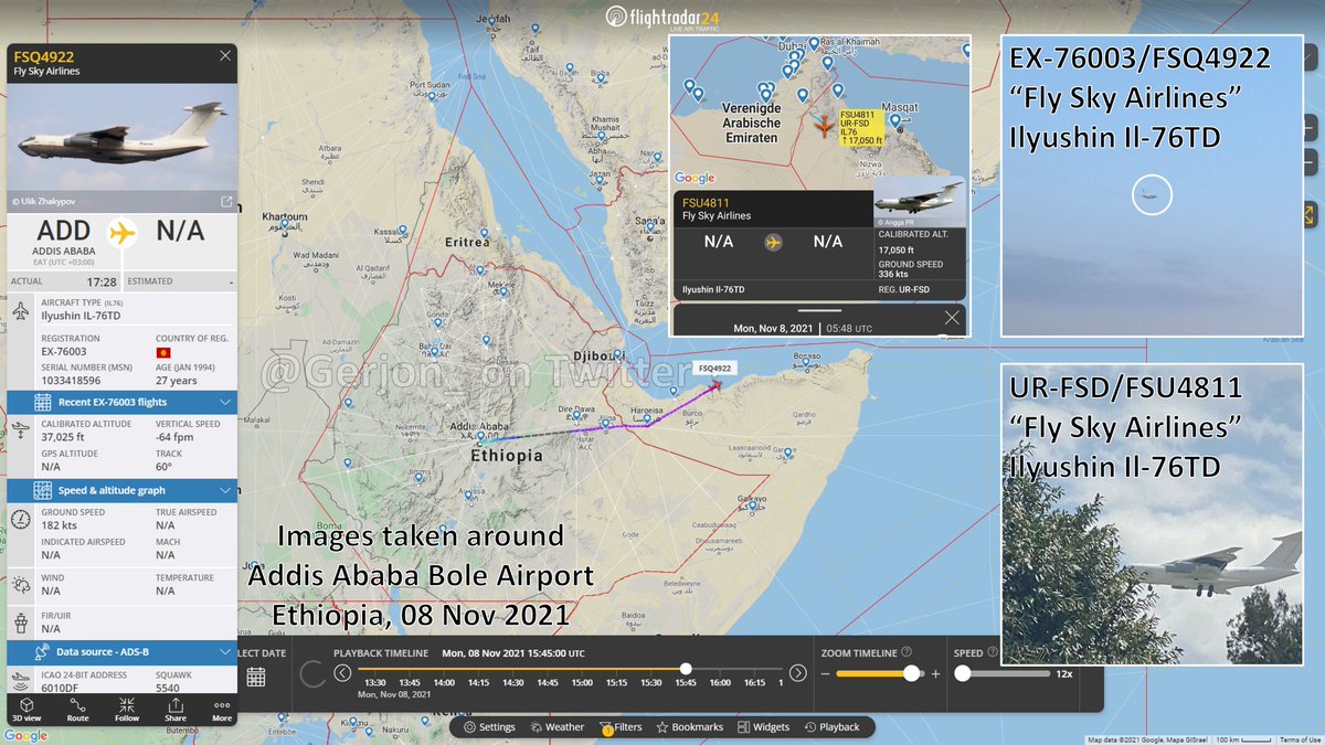 Gerjon_'s tweet photo. Pictures taken over the skies of 🇪🇹Addis Ababa Bole Airport today confirm the presence of "Fly Sky Airlines" Ilyushins Il-76TD reg. 🇰🇬EX-76003 and 🇺🇦UR-FSD, both of which arrived from the 🇦🇪United Arab Emirates (UAE) earlier today.
#FSU4811/#FSQ4922 https://t.co/sg75B3VhUU
