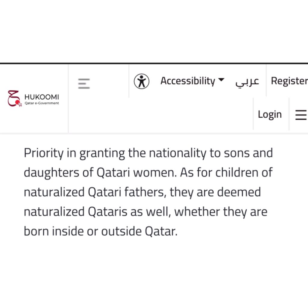 Mothers_qa's tweet photo. Priority in granting the nationality to sons and daughters of Qatari women. As for children of naturalized Qatari fathers, they are deemed naturalized Qataris as well, whether they are born inside or outside Qatar

 ( Not true, as usual )

#ImHalfQatari 
https://t.co/y0KS2dEqCh https://t.co/uewT6estkz