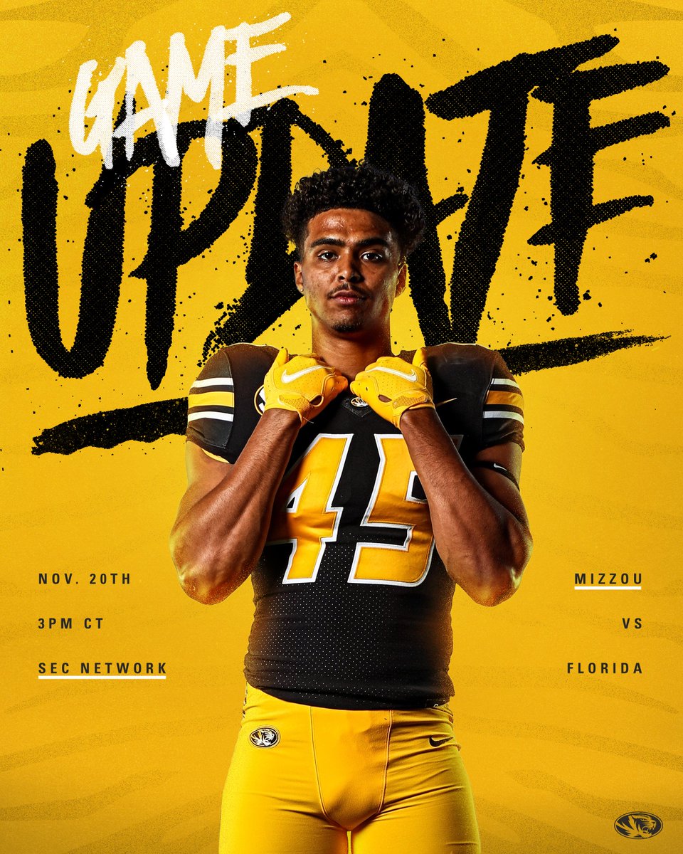 MizzouFootball's tweet photo. Week 1⃣1⃣ Game Info | vs. Florida
 
📍 Columbia, Mo.
🏟️ Faurot Field / Memorial Stadium
🕰️ 3 p.m.
📺 @SECNetwork

#MIZ 🐯🏈 https://t.co/2bwMPSUAE2
