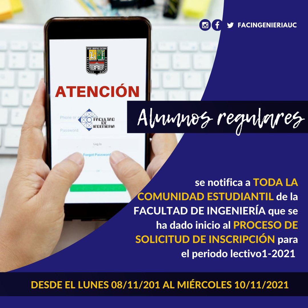 FacIngenieriaUC's tweet photo. ATENCIÓN a TODA LA COMUNIDAD ESTUDIANTIL de nuestra facultad.
Detalles en https://t.co/NbRS0nSC7S
Calendario: https://t.co/NoAzkFX3u0
En caso de tener que hacer reset a la contraseña enviar correo a solicitudes.dae.ing@uc.edu.ve, con el asunto recuperación de contraseña https://t.co/R42vBP1eDs