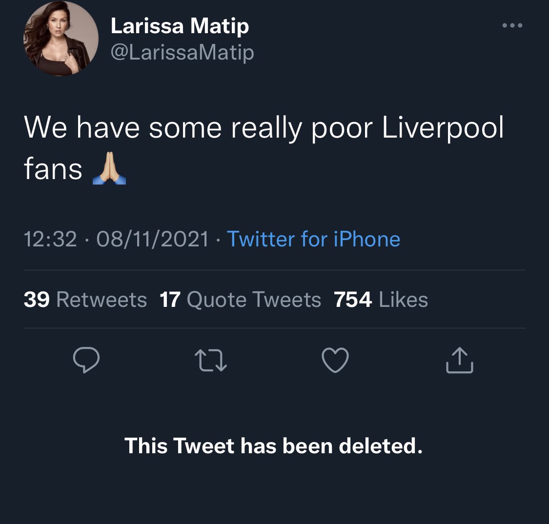 Joel Matip’s wife on Twitter earlier today (now deleted).