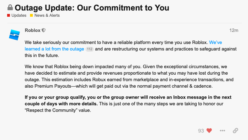 asimo3089's tweet photo. Roblox paying devs back for the recent downtime. Really cool of them. https://t.co/LJ7g4WOFGr