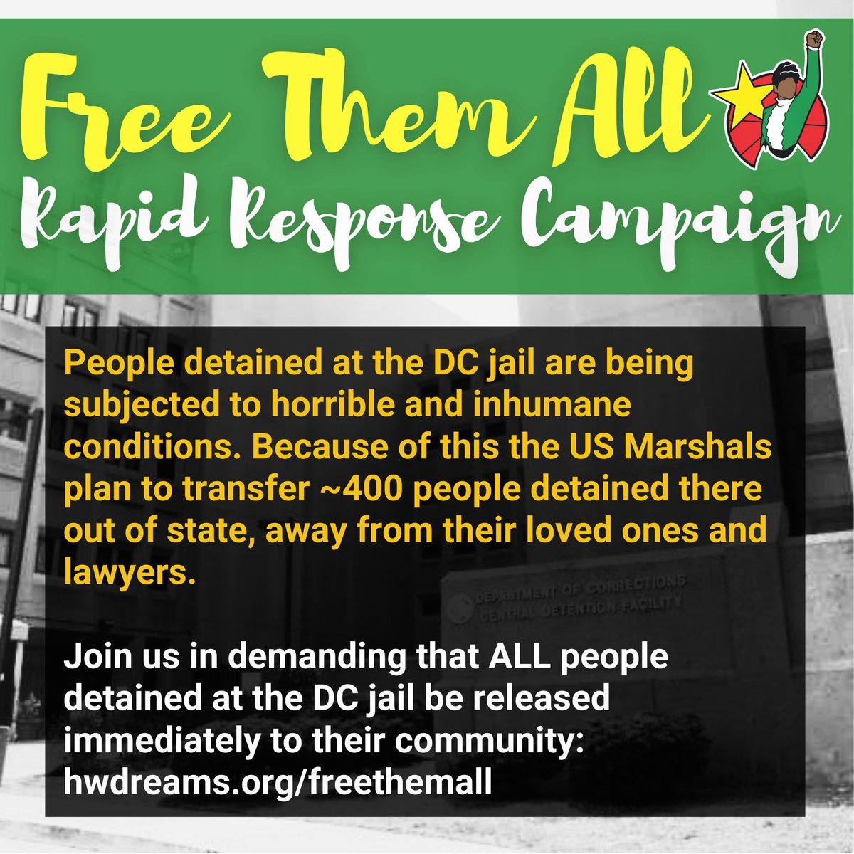 US Marshalls pulled a fast one and are forcing 400 prisoners at the DC jail to transfer to PA. Conditions have been known to be really bad at the jail for years, and many are held there for years pre-trial. Join us in the push to #releasenottransfer