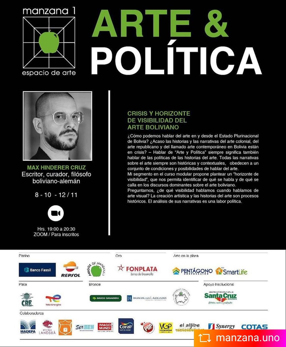 *HOY* 19hrs curso ARTE &amp; POLÍTICA módulo 3: "CRISIS Y HORIZONTE DE VISIBILIDAD DEL ARTE BOLIVIANO" - ¿Cómo es posible hablar del arte en y desde el Estado Plurinacional de Bolivia? - inscripciones vía Fb e Ig <a href="/manzana/">Hidemi</a>.uno