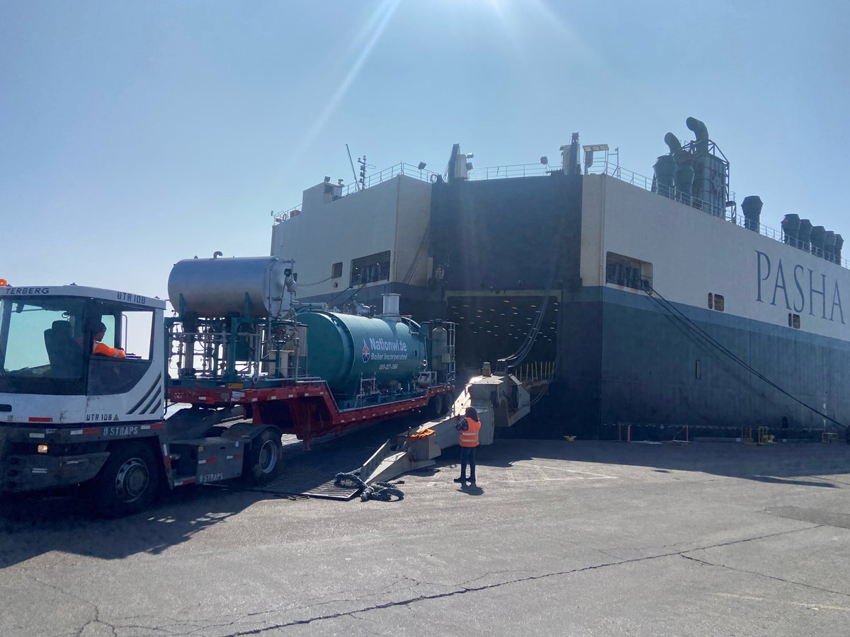 SteamNow's tweet photo. It's official! Our 350 hp mobile steam plant was loaded on the Pasha Ro-Ro ship late last week and has begun it's voyage to the Island of O'ahu. Aloha, a hui hou kakou! #rentalboilers #temporarysteam #mobilesteamplant https://t.co/iaWZg9681K
