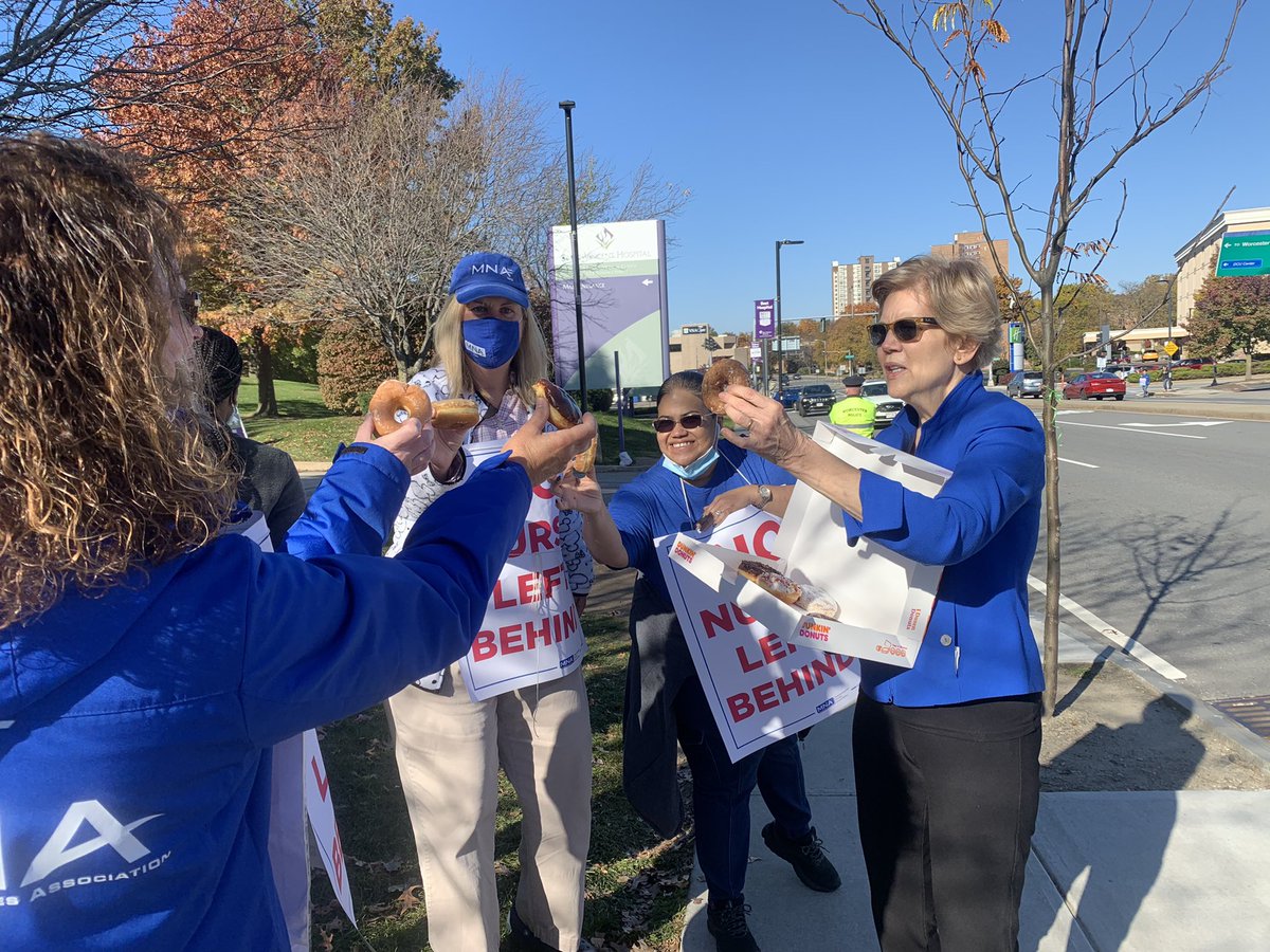 MassNurses's tweet photo. As St. Vincent nurses hit 8 months on strike, they got a boost today from one of their strongest supporters, @SenWarren!
Thank you @ewarren and all of our allies for standing with St. V nurses as they face down corporate giant Tenet on behalf of their patients and community. https://t.co/xgrxHXMH5z