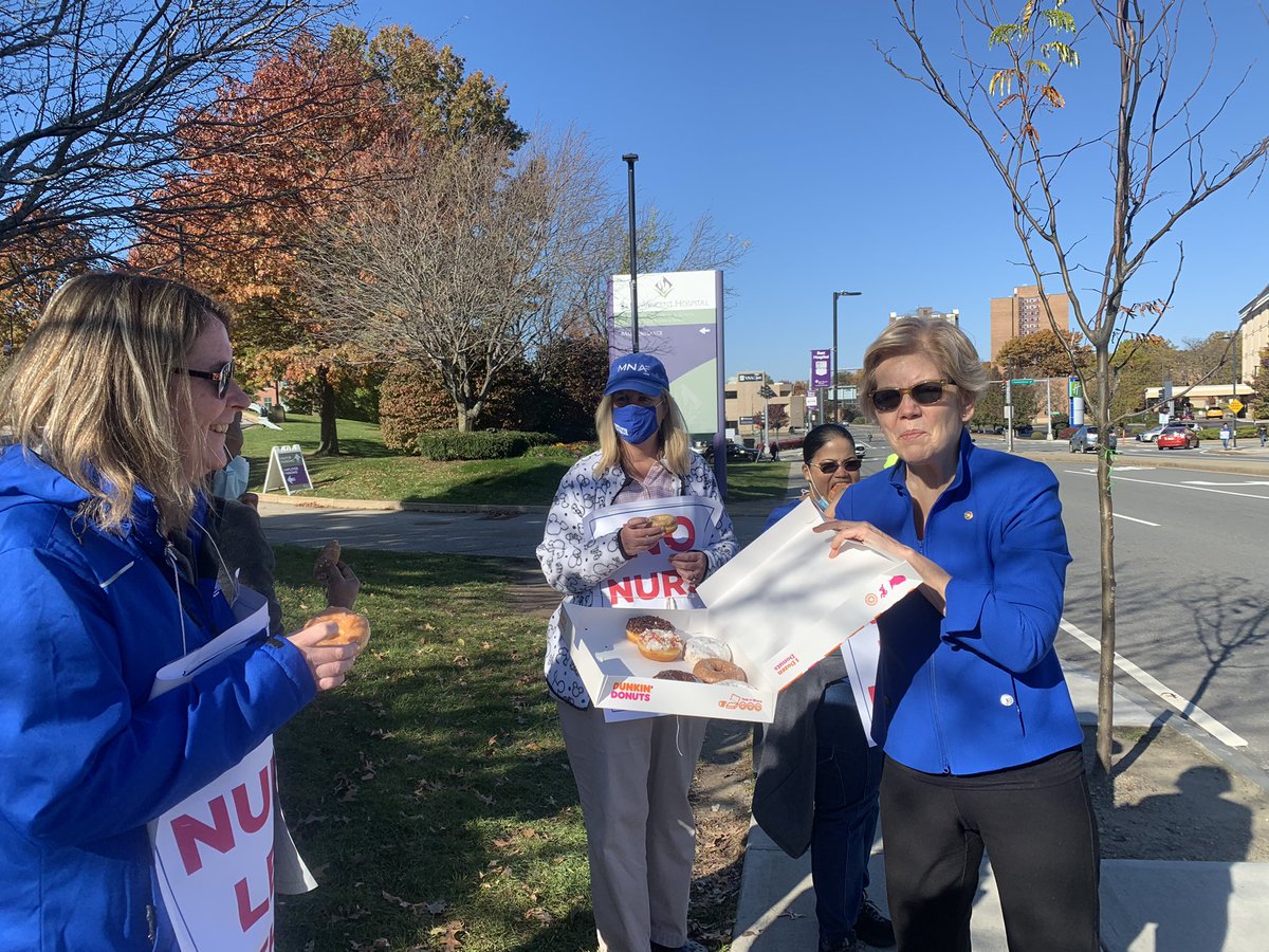 MassNurses's tweet photo. As St. Vincent nurses hit 8 months on strike, they got a boost today from one of their strongest supporters, @SenWarren!
Thank you @ewarren and all of our allies for standing with St. V nurses as they face down corporate giant Tenet on behalf of their patients and community. https://t.co/xgrxHXMH5z