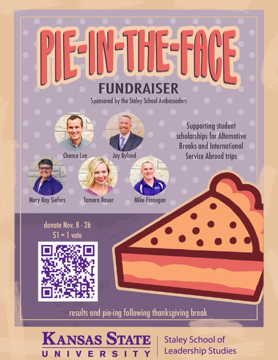 KStateSSL's tweet photo. Which Staley School team member do you want to see get a pie in the face? 
🥧Chance 🥧Jay 🥧Mary Kay 🥧Mike 🥧Tamara
 
Vote until Nov. 26: https://t.co/F1cuK0Z2ca https://t.co/9RwwKoyhWo