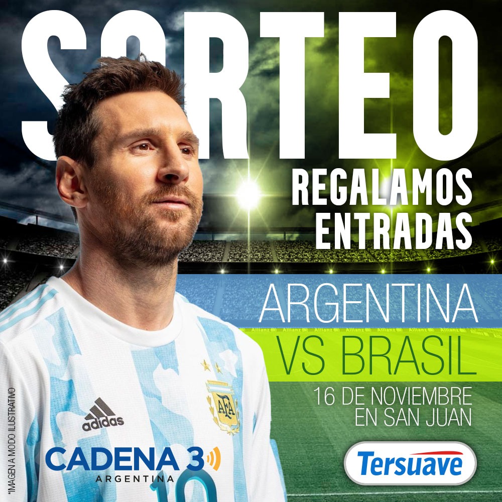 Cadena3Com's tweet photo. ¡VAMOS A ALENTAR A LA SELECCIÓN! ⚽
Junto a Tersuave te regalamos 3 pares de entradas para ir a ver ARGENTINA - BRASIL en San Juan 🇦🇷/🇧🇷

Para participar: poné #Cadena3, dale RT y tus datos 🤩

Tersuave y ¡La Radio del Maracanazo rumbo a Qatar! 🎙️ https://t.co/fUXmk6A0z0