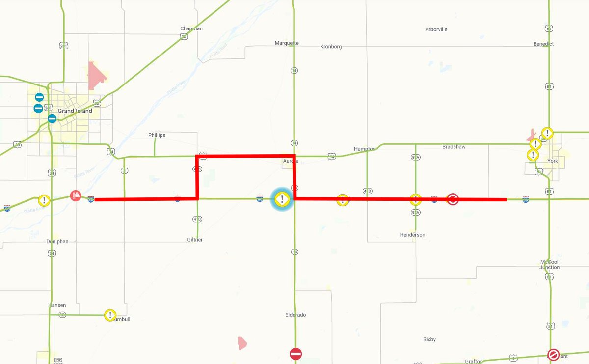 🚨Heads up for Central Nebraska I-80 travelers TONIGHT.

There will 2 short closures while power lines are moved across I-80 between Aurora (MM 332) and Giltner (MM 324).

Eastbound will close first, then westbound, each for ~20 minutes, starting at 10pm. Detours to Hwy 34.