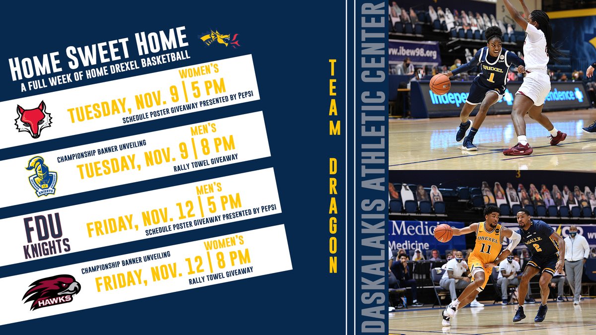 DrexelDragons's tweet photo. Are you ready for a full week of 🏠 Drexel Basketball?!

Because WE ARE! Come join us for a pair of double headers on Tuesday &amp; Friday! ✨

#FearTheDragon https://t.co/mulR7YW0d1