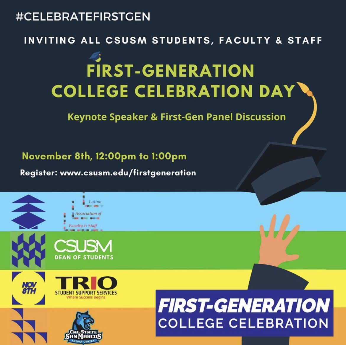 csusm_lafs's tweet image. Happy National First-Generation Day! Join us today for CSUSM’s virtual college celebration from noon to 1:00pm.
Come celebrate and hear the stories of first-generation students, faculty, staff, and alumni!
Register today at:
csusm.edu/firstgeneration
@CEOtalk @FirstgenCenter