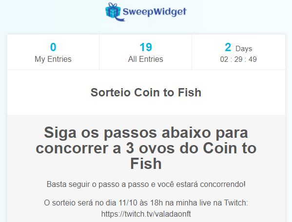 Post oficial do sorteio dos 3 ovos do Coin to Fish

Para participar é só acessar: sweepwidget.com/view/38844-1pa…

@CoinToFish #CoinToFish #CTFT