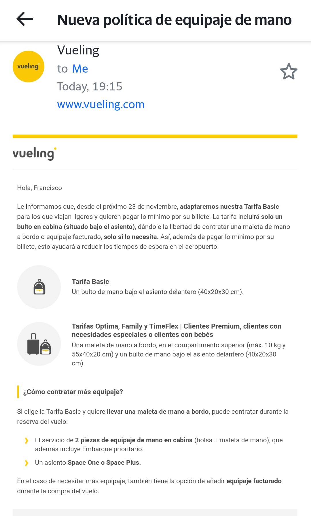 Vueling elimina la gratuidad de las maletas de cabina en su tarifa más  barata