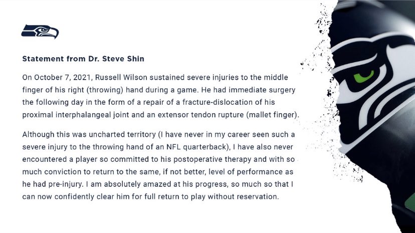 AdamSchefter's tweet photo. Statement from Dr. Steve Shin, who operated on Russell Wilson’s finger last month and now is “absolutely amazed at his progress, so much so that I can now confidently clear him for full return to play without reservation.” https://t.co/eAOh1NWsWC