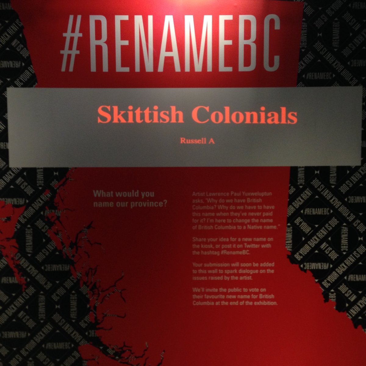 Lidsville's tweet photo. @UskiVal @Jacquie90168977 The whole BC name is satire-level colonial. And even if we renamed it, it would just be lipstick on a stifling little colony with a colonial mentality.
I often think of the suggestions in Lawrence Paul Yuxweluptun's #RenameBC contest at @MOA_UBC (still laughing at some of them) https://t.co/iXt7uow57F