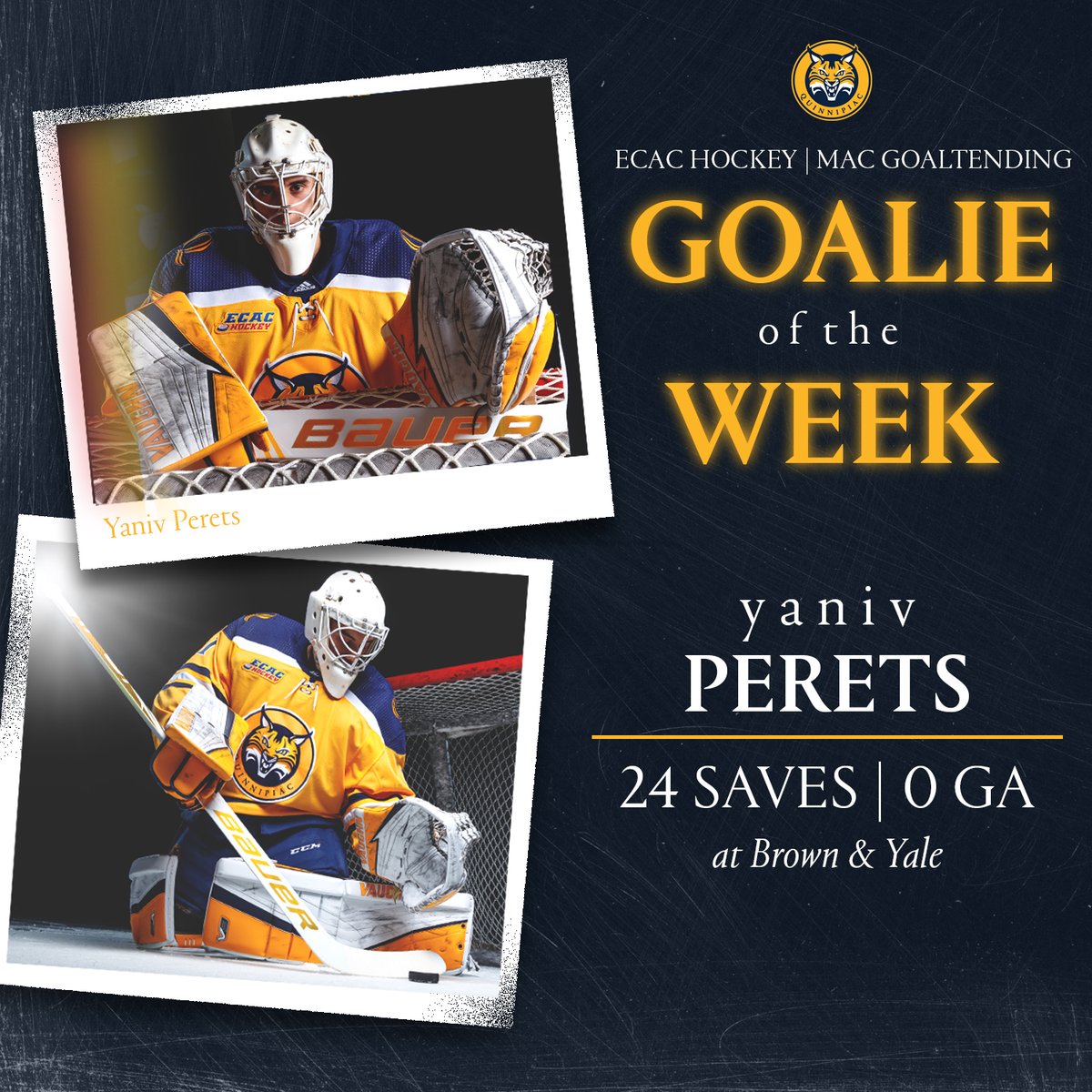 2 wins, 2 shutouts, the best goals against average in the nation... and now <a href="/ecachockey/">ECAC Hockey</a> Goalie of the Week! Congrats, Yaniv!

#QuinnipiacCulture #BobcatNation
