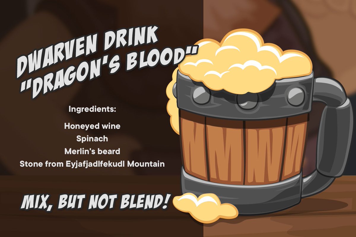 BraveGuild's tweet photo. Dwarven drink "Dragon's Blood" 🦎

Ingredients for recipe:

✨ honeyed wine
✨ spinach
✨ Merlin's beard
✨ stone from Eyjafjadlfekudl Mountain

Mix, but not blend! 👍

#dwarves #drink #nftcommunity #nft #nftart https://t.co/GQhveufVXu