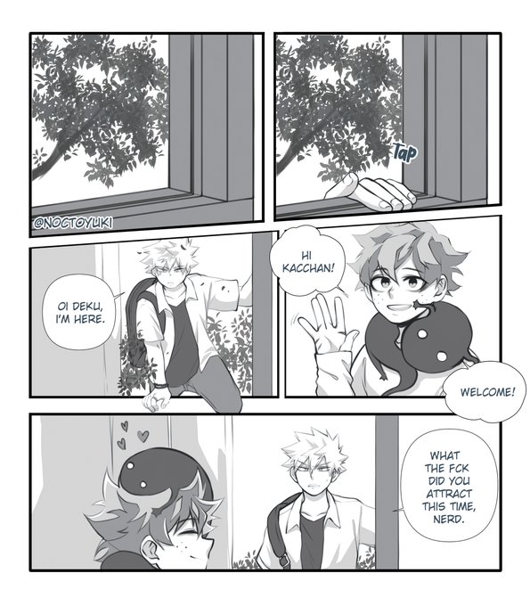 One day, @iamseeress wrote down an idea for a smol scene for my Exorcist Kacchan! AU and I thought 'yeeee i wanna draw that'. 
It took a while but here it is. 😂
We agreed the lizardy-looking ghost is both of us. 