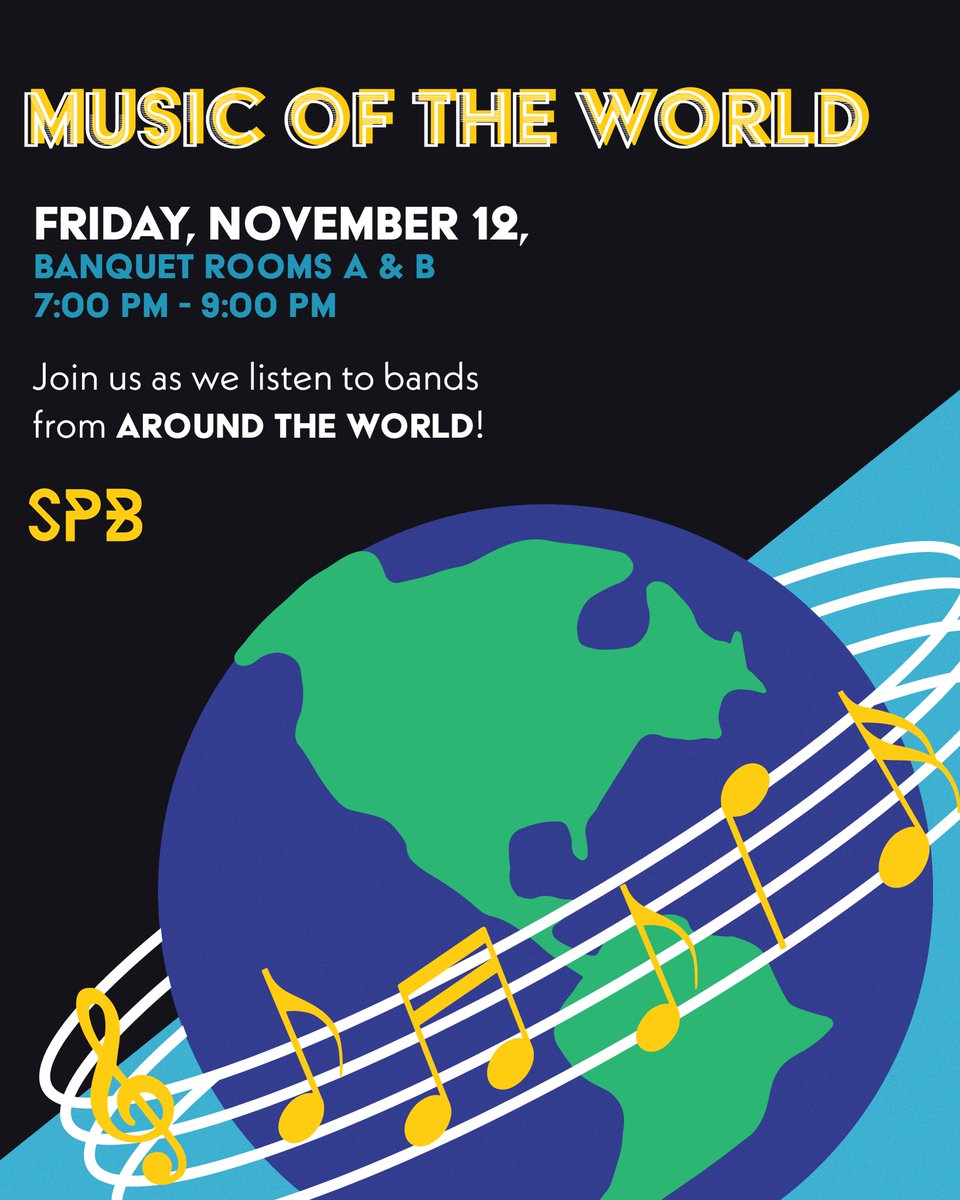 We have MUSIC OF THE WORLD THIS FRIDAY at 7:00 PM! We will have bands from various parts of the world playing music from their cultures while you get to eat a variety of international food! Join us in the BANQUET ROOMS A &amp; B for a fun Friday night!
