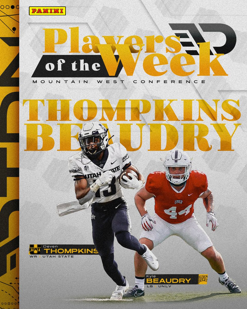 Big shout out to our Mountain West Week 10 Players of the Week –– powered by <a href="/PaniniAmerica/">Panini America</a>! 🔥👇

⭐️Utah State WR Deven Thompkins (<a href="/GrandmasterDT/">Deven Thompkins</a>)
⭐️UNLV LB Kyle Beaudry (<a href="/KBeaudry4/">KB</a>)

#FrontOffice33 | #AggiesAllTheWay | #UNLVFB