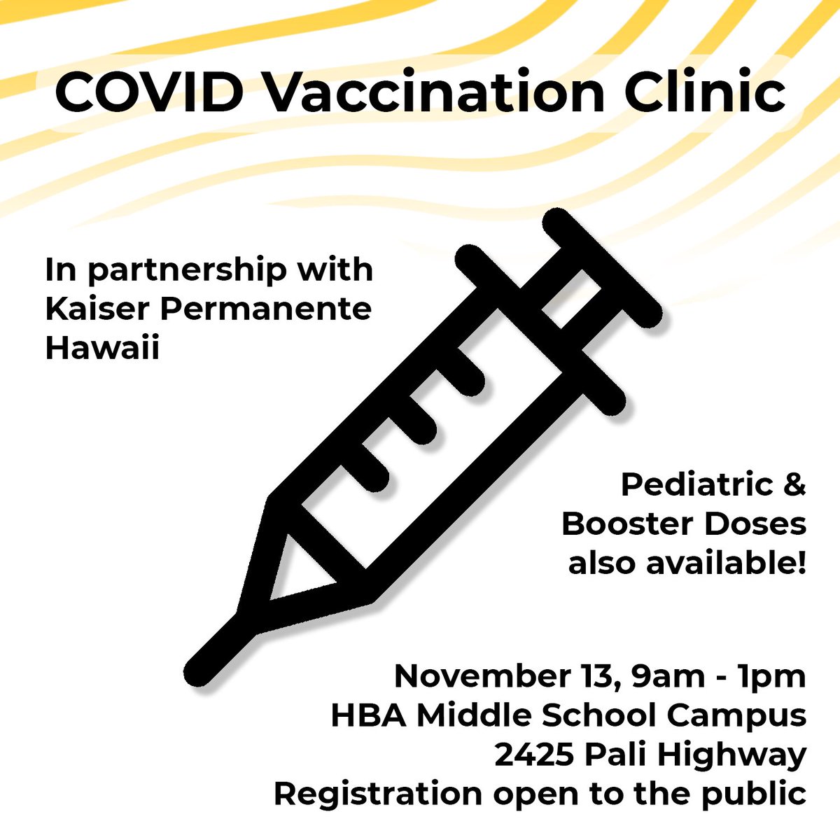 Pediatric, adult, and booster doses are available at our pop-up COVID Vaccination clinic (in partnership with Kaiser Permanente) this Saturday - 11/13, from 9 am - 1 pm. View more details and register using the link below!
hba.net/about/covid-re…