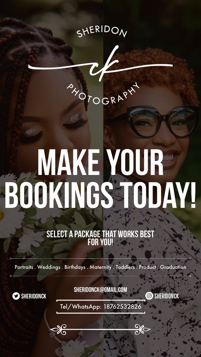 S&S Films (@ssfilmsja) on Twitter photo Make your bookings today with <a href="/sheridonck/">Sheridon CK Photography</a>!
Contact us @ 8762532836 via WhatsApp
Email: sheridonck@gmail.com Make your bookings today with <a href="/sheridonck/">Sheridon CK Photography</a>!
Contact us @ 8762532836 via WhatsApp
Email: sheridonck@gmail.com