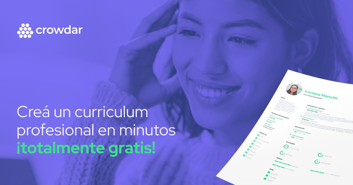 crowdarinfo's tweet photo. Acompañamos a @FichapHR en el lanzamiento de 
#CreatuCV  donde podrás crear tu primer currículum profesional de manera dinámica, simple y gratuita. ¡Ingresa a https://t.co/PKrj5EvCsw y conoce la herramienta!  🙌

#CreaTuCv  #CreatuCvGratis #FuturoLaboral #MarcaLaDiferencia https://t.co/bgkz4wKtaN