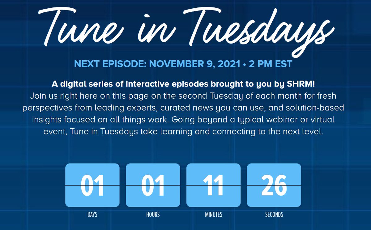 Countdown for tomorrow's November Tune in Tuesday! What are you doing at 2pm EST tomorrow? We hope you can join this SHRM event and gain one PDC toward recertification! Check it out here: lnkd.in/eBAtSm2X #shrm #event