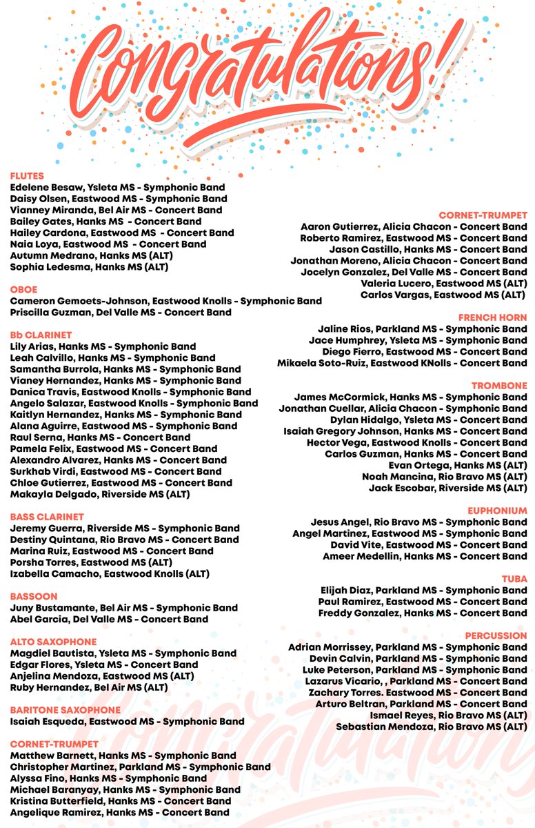 YISDFineArts's tweet photo. Congratulations to all @YsletaISD Middle School Students who earned a spot in the 2021 All Region Symphonic/Concert Bands! GREAT JOB!! https://t.co/mlEEE36iZg