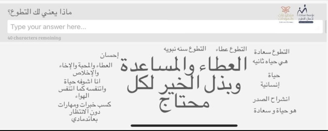 من إجابات الحضور لأسئلة #ملتقى_متطوعات_طموحات في اليوم الاول :

من وجهت نظرك ماهي ايجابيات #العمل_التطوعي؟
و
ماذا يعني لك #التطوع؟