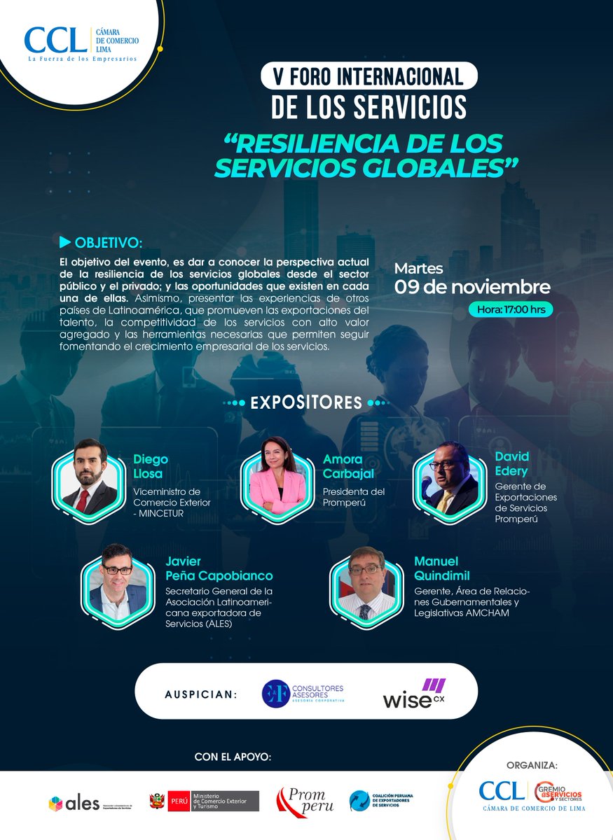 Será un gusto estar en la Cámara de Comercio de Lima para presentar La Nueva Era de los Servicios Globales, donde tendré el honor de ser comentado por Manuel Angel Quindimil de AmCham Perú. Para participar, pueden inscribirse en  cutt.ly/LRZpe7j