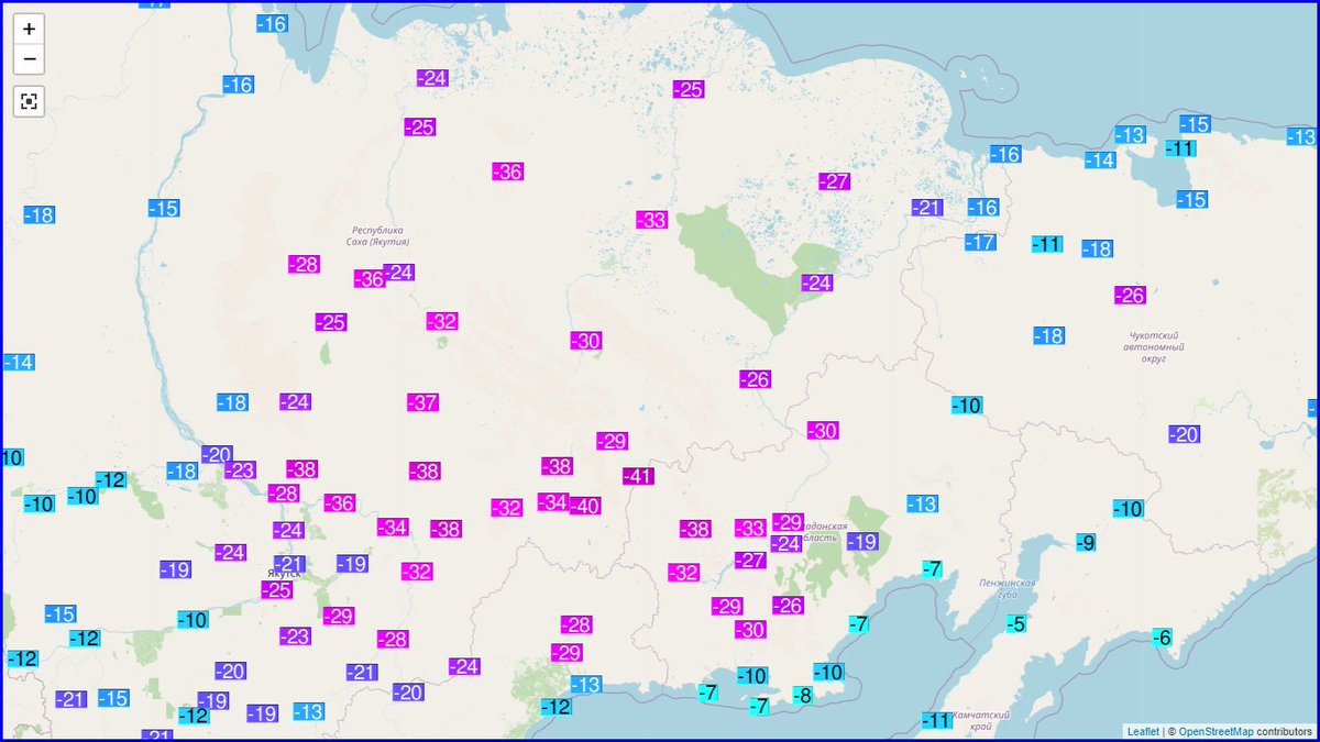 Le seuil des -40°C franchi pour la première fois de la saison en Sibérie orientale avec -40,8°C de minimale à Delyankir ces dernières heures. Carte Ogimet. 