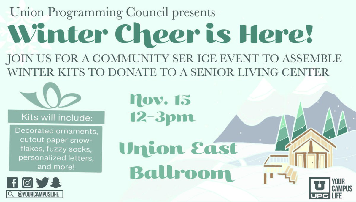 upcuofu's tweet photo. Need some community service hours? Join us in making winter kits for a senior living center! November 15 in the East Ballroom of the Union https://t.co/KfENiZVkzp
