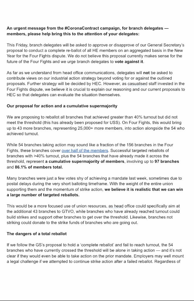 CoronaContract's tweet photo. URGENT MESSAGE IN ADVANCE OF FRIDAY'S MEETING TO DECIDE ON STRIKE STRATEGY: We are asking all UCU members to OPPOSE the General Secretary’s proposal to conduct a complete aggregated re-ballot for the Four Fights in January. See our short article 👇 or read the 🧵 and please RT https://t.co/NxBB31IEQD