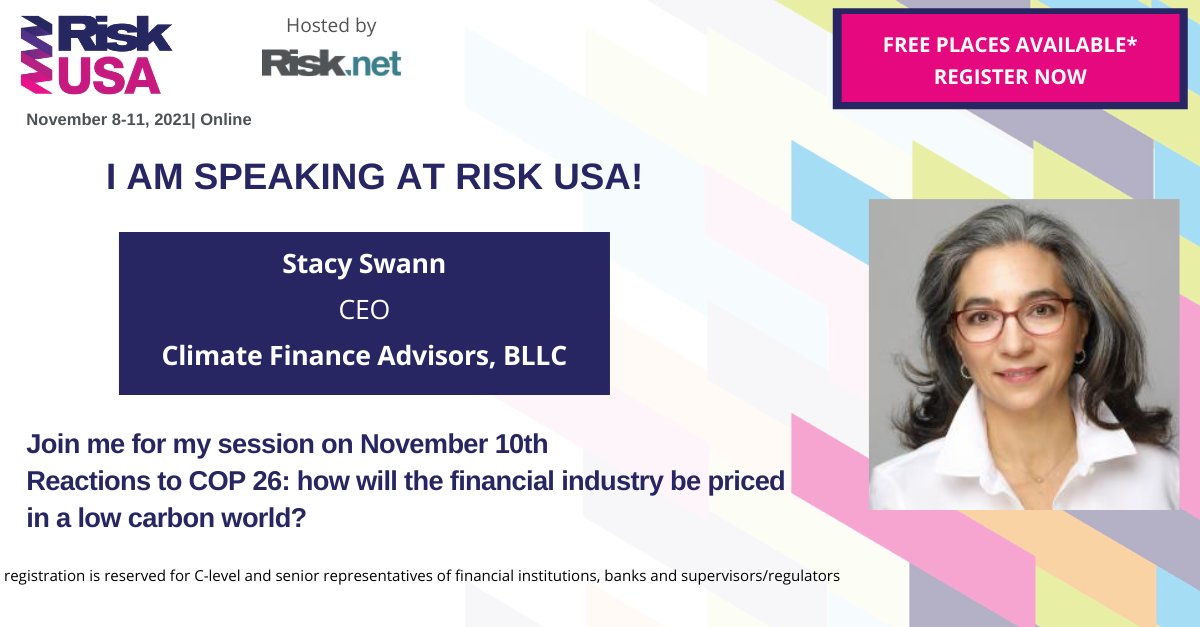 ClimateFinAdv's tweet image. CFA CEO @StacySwann will participate in the Risk USA event series presented by @RiskDotNet. This series will bring together industry leaders to discuss #riskmanagement and the incorporation of #ESG into risk modeling. 

Link: lnkd.in/dyBHBJ6

#ClimateFinance #COP26