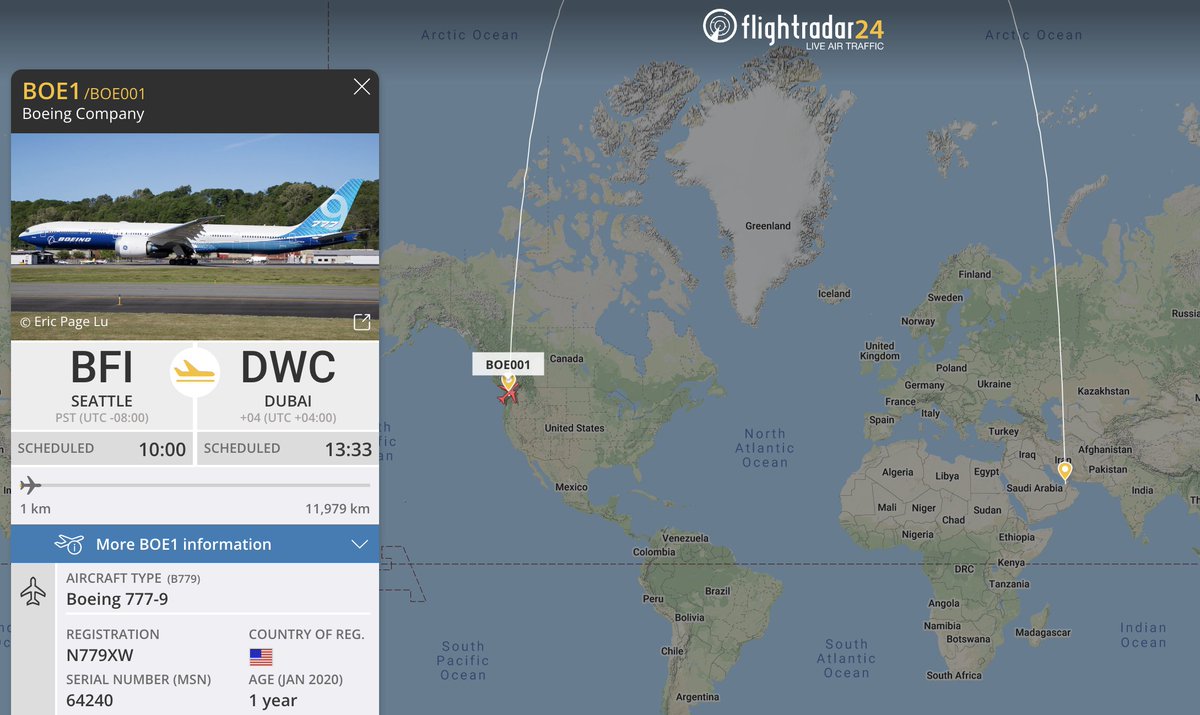 flightradar24's tweet photo. The @BoeingAirplanes #777X is ready for its closeup. Follow Boeing’s newest airliner on its first international flight on its way to the #DubaiAirshow. https://t.co/0hVn1Lu7ub https://t.co/ePM1LyoyKk