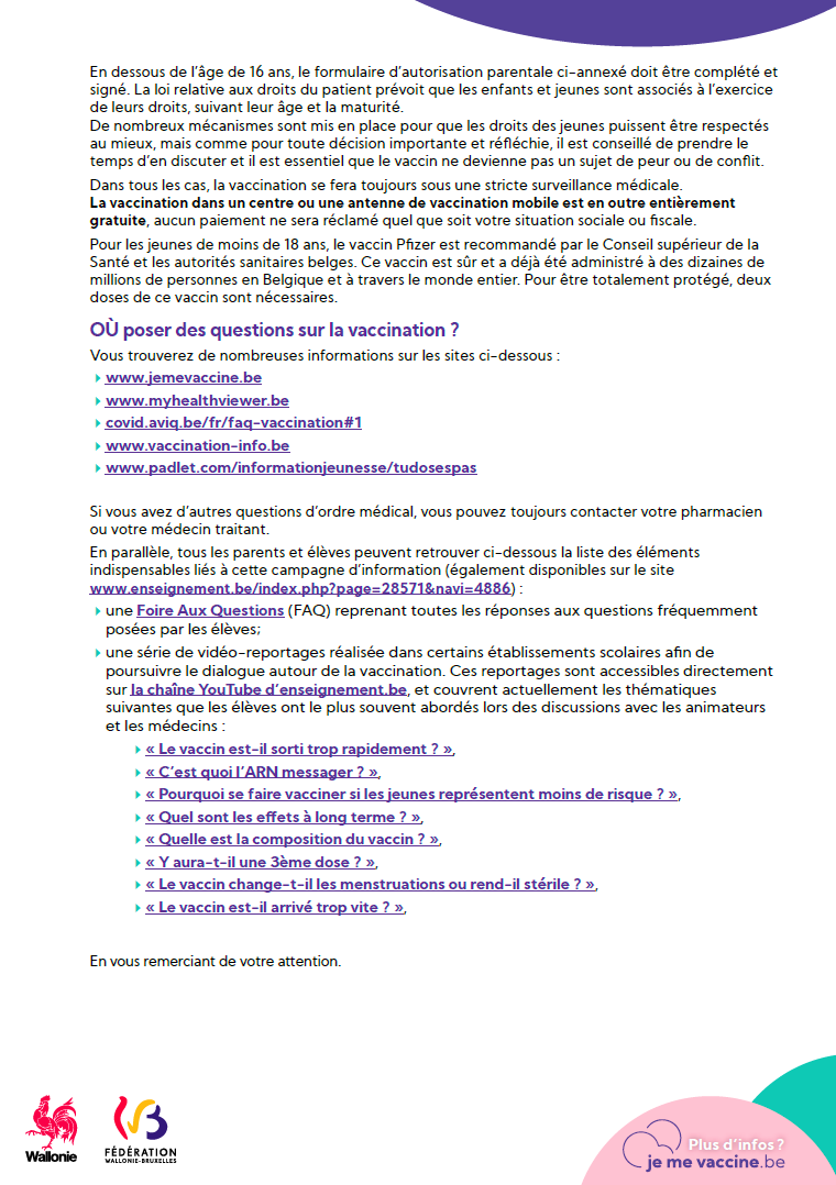 Cdt_Sylvestre's tweet photo. Novembre 2021. Courrier diffusé ce soir par l'école aux parents "à la demande de la Ministre de l'Enseignement en Communauté Française", accompagné d'un formulaire d'autorisation parentale. On progresse. #covid19be #cfwb #Wallonie https://t.co/2NW6KgQ0fg