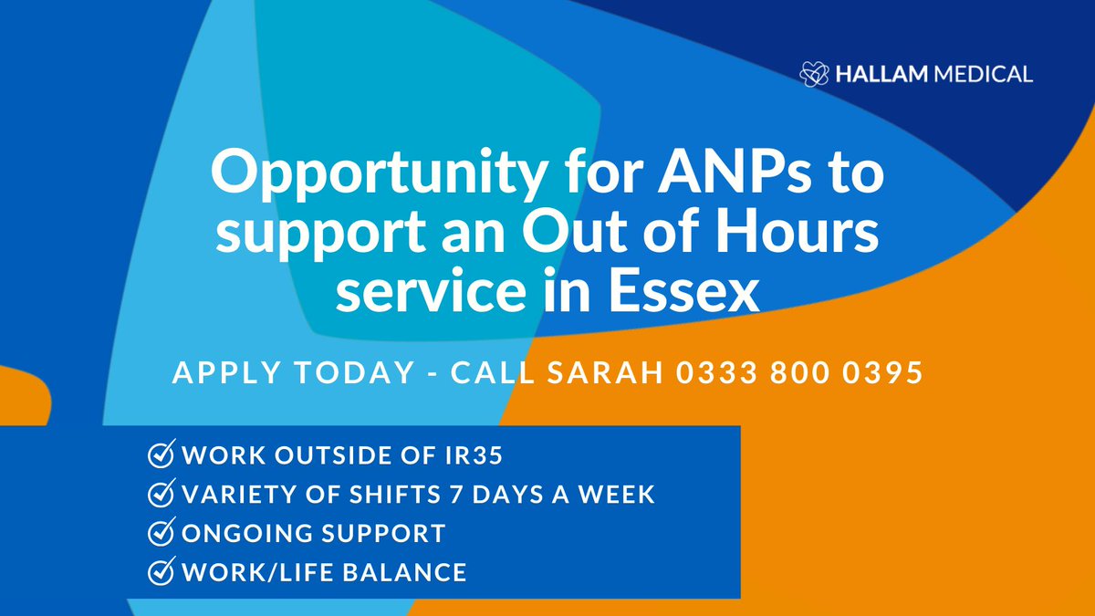 Hallam_Medical's tweet photo. Opportunities for Advanced Nurse Practitioners to support an Out of Hours service in Essex. Outside of IR35. Call Sarah today 0333 800 0395 or apply online: https://t.co/2C0eu5uqFe #advpracweek21 #ap #acp #essex #locumwork #advancedpractice #healthcarejobs https://t.co/JqUL5nYt5J