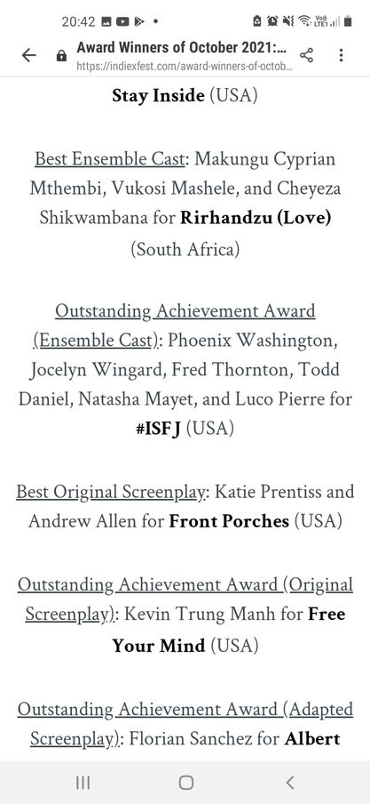 CrazySamstar's tweet photo. Friends and family we got two awards at IndieX Film festival for Women short film and Best Ensemble Cast. #Samsrecproductions #creativitybeyondimagination. Flying the South African flag high! @CapricornFM @SABreakingNews @nfvfsa @IndieXFest https://t.co/yUV5cgxCdo