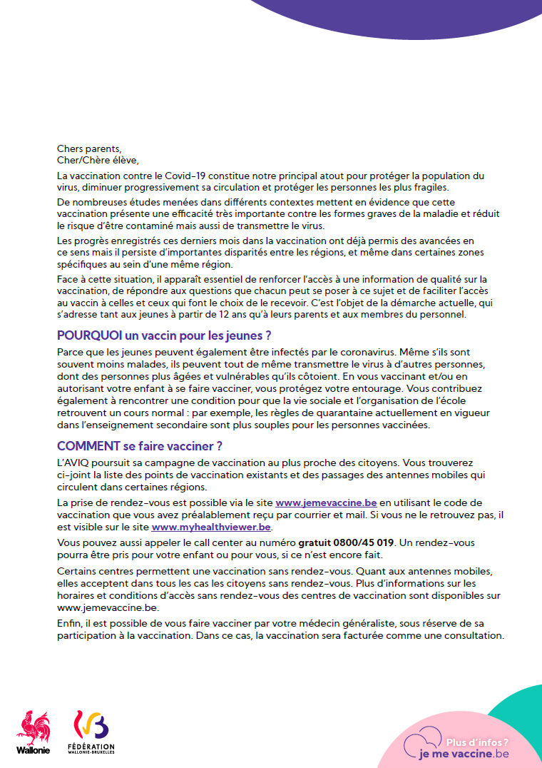 Cdt_Sylvestre's tweet photo. Novembre 2021. Courrier diffusé ce soir par l'école aux parents "à la demande de la Ministre de l'Enseignement en Communauté Française", accompagné d'un formulaire d'autorisation parentale. On progresse. #covid19be #cfwb #Wallonie https://t.co/2NW6KgQ0fg